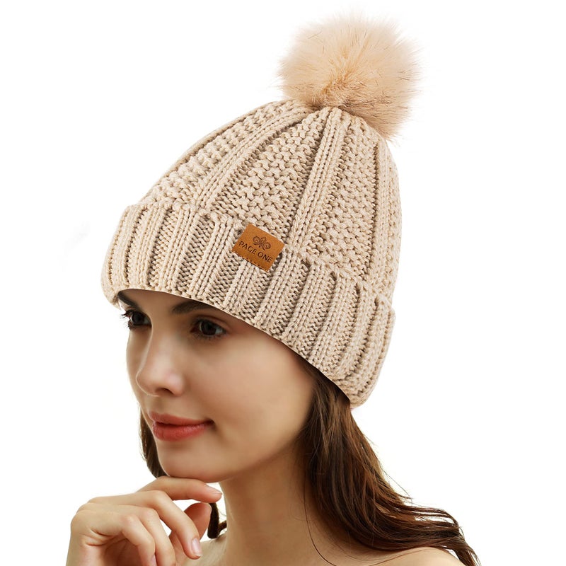 PAGE ONE Womens Winter Thick Cable Knit Beanie Faux Fur Pom Hat Fleece Lined Skull Cap Oatmeal - Image 2